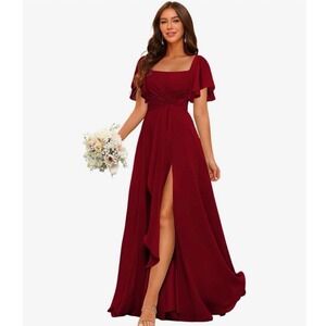 Wear Your Love red Flutter Sleeve Corset Back Formal Gown High Slit Maxi Dress